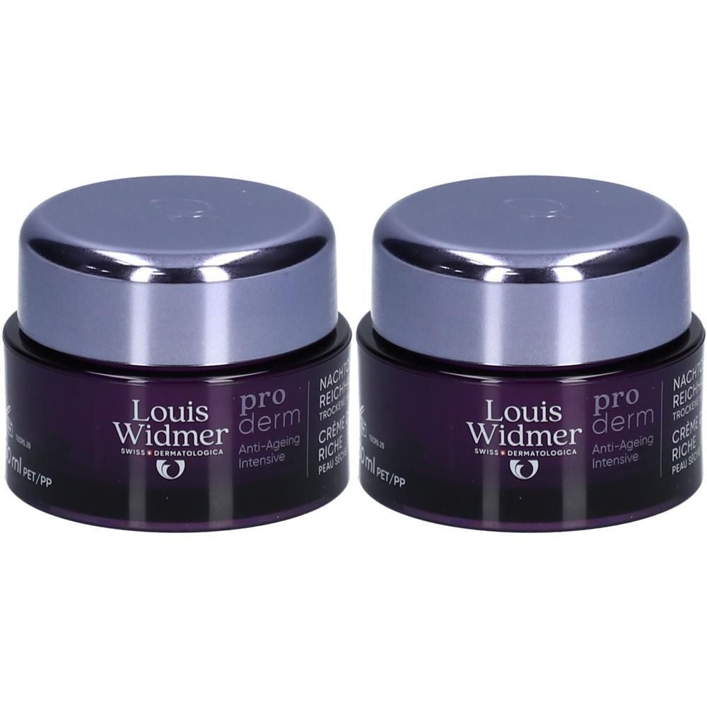 Twee potjes Louis Widmer Proderm Anti-Ageing nachtcrème. Donkerviolette potjes met zilveren deksels. Opschrift: Proderm, Anti-Ageing.