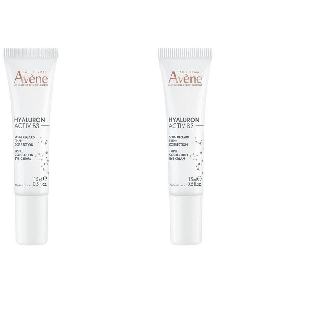 Twee tubes oogcrème. Wit, met opdruk. Merk Avène. Tekst: Hyaluron Activ B3, Triple Correction, Eye Cream. 15 ml.