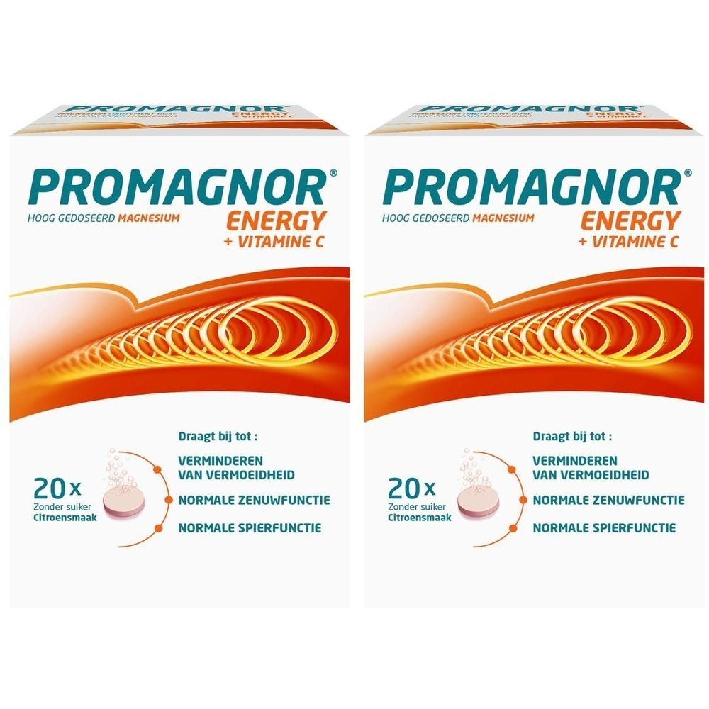Twee verpakkingen Promagnor Energy. Witte verpakking met productnaam en info. Bevat 20 tabletten.