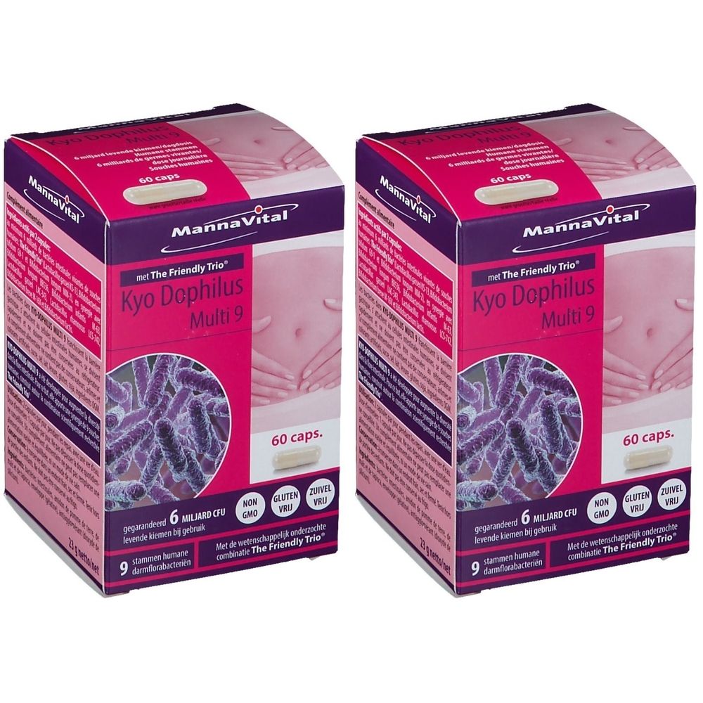 Twee dozen Kyo Dophilus Multi 9. Opschrift: MannaVital, 60 capsules. Afbeelding van bacteriën en buik.