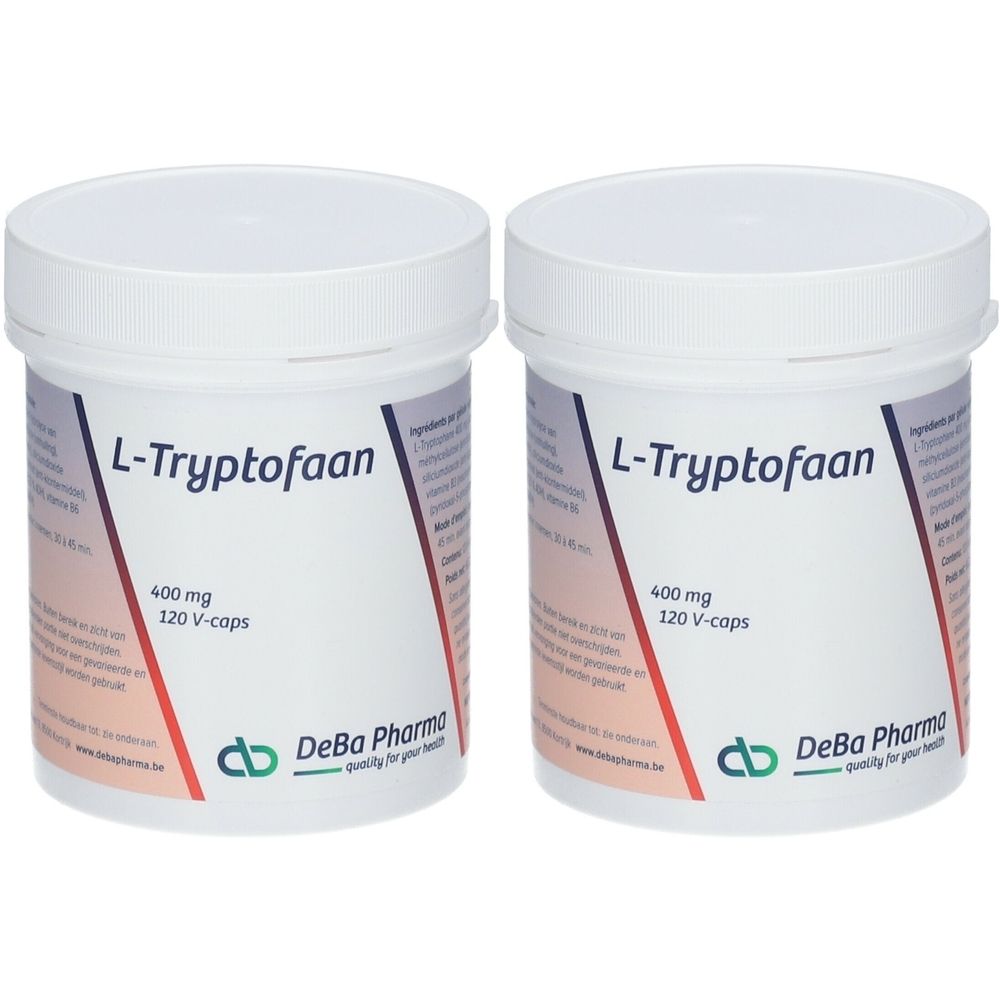 Deux pots blancs avec couvercles. Inscription : L-Tryptofaan, 400 mg, 120 V-caps. Marque : DeBa Pharma.