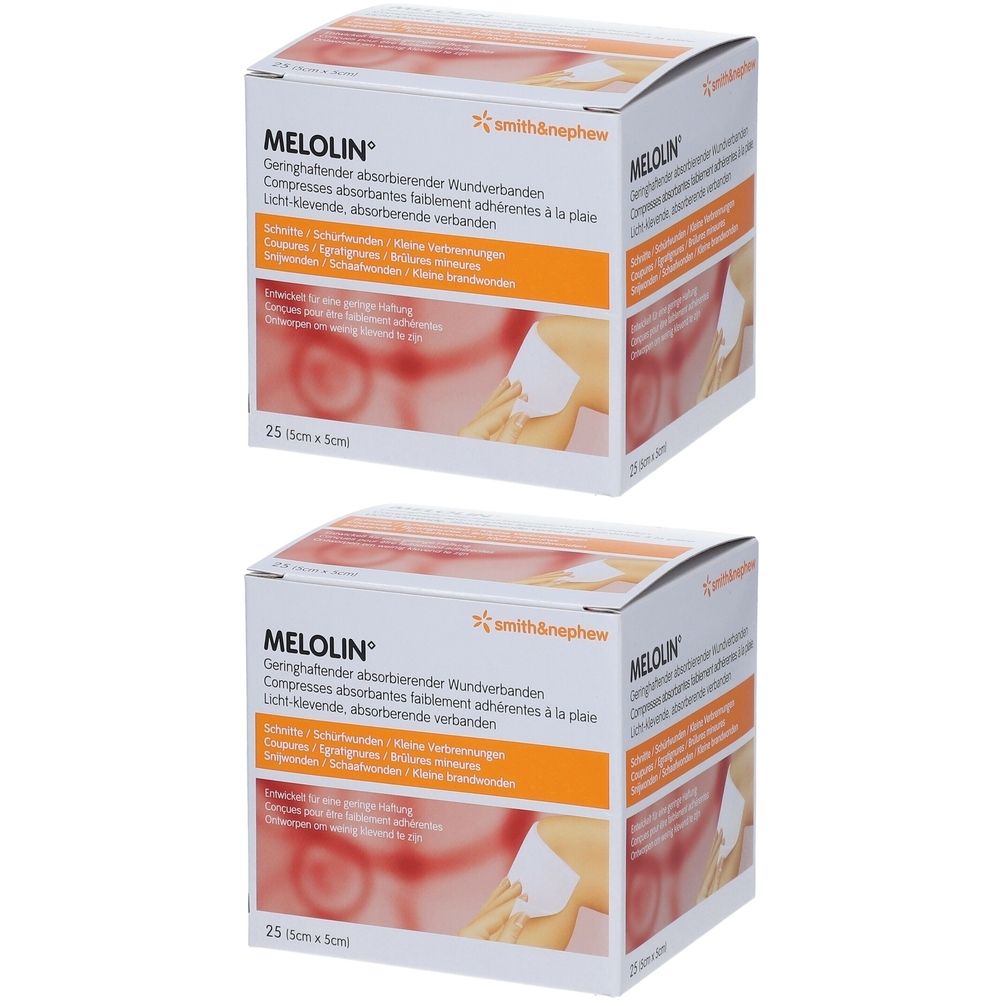 Twee dozen Melolin-verbanden. Opschrift: Smith & Nephew, Melolin, 25 stuks, 5 x 5 cm. Oranje strook met productinformatie.