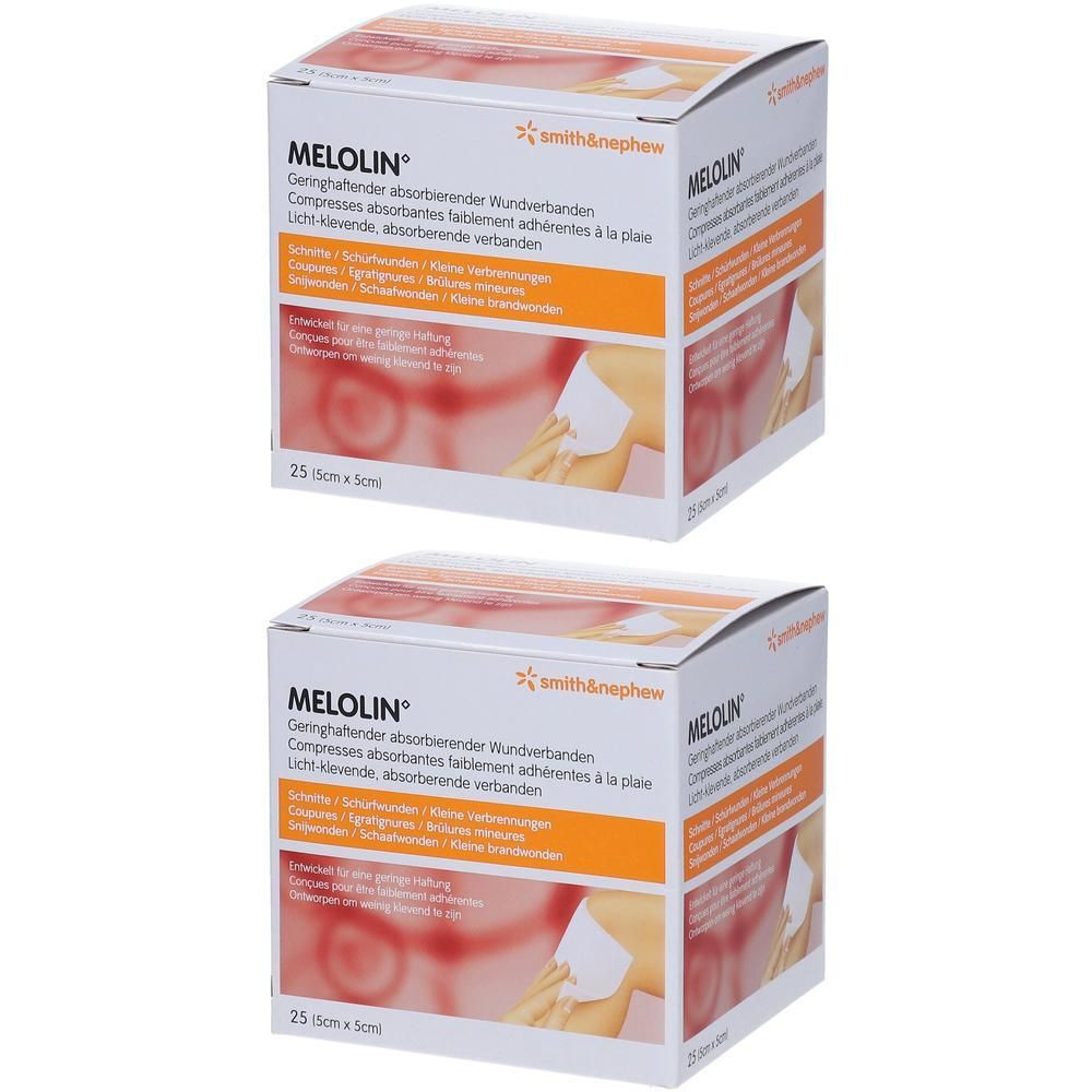 Twee dozen MELOLIN-kompressen. Opschriften: Smith & Nephew, productnaam, beschrijving, 25 stuks, 5 x 5 cm.