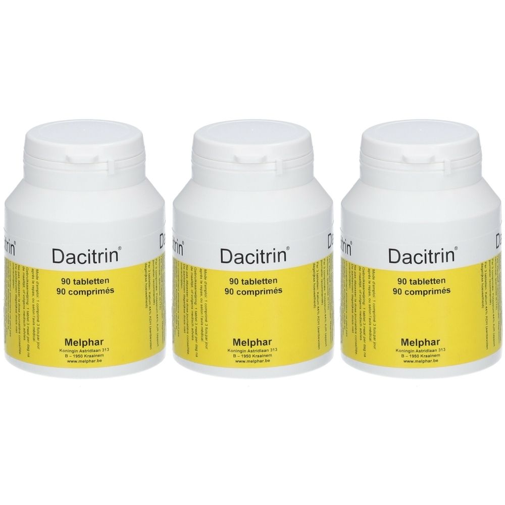 Drie witte flessen met gele etiketten. Opschrift: Dacitrin, 90 tabletten/comprimés. Merk Melphar.