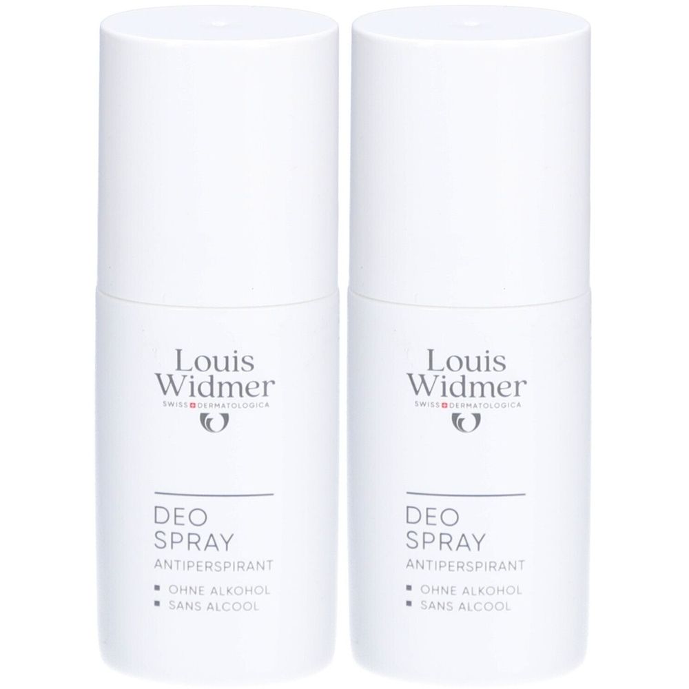 Twee witte Louis Widmer Deo Sprays met opschrift 'DEO SPRAY ANTIPERSPIRANT ZONDER ALCOHOL'.
