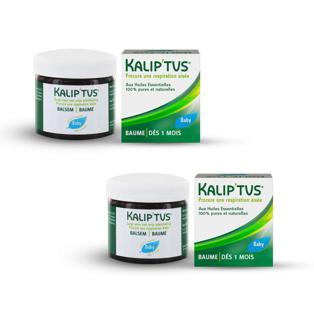 Pot en verre avec couvercle blanc et boîte. Inscription: Aux Huiles Essentielles, Dès 1 mois.