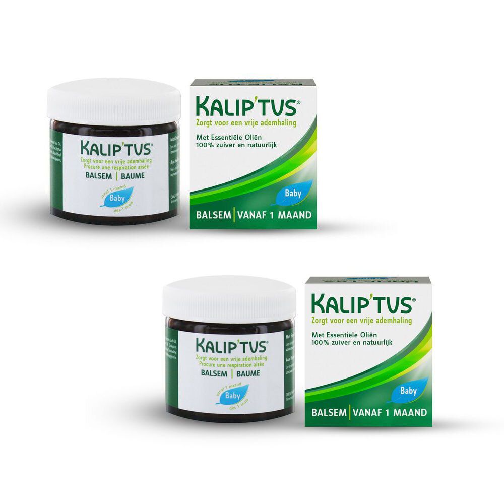 Glazen pot met wit deksel en doos. Opschrift: Met Essentiële Oliën, Vanaf 1 maand.