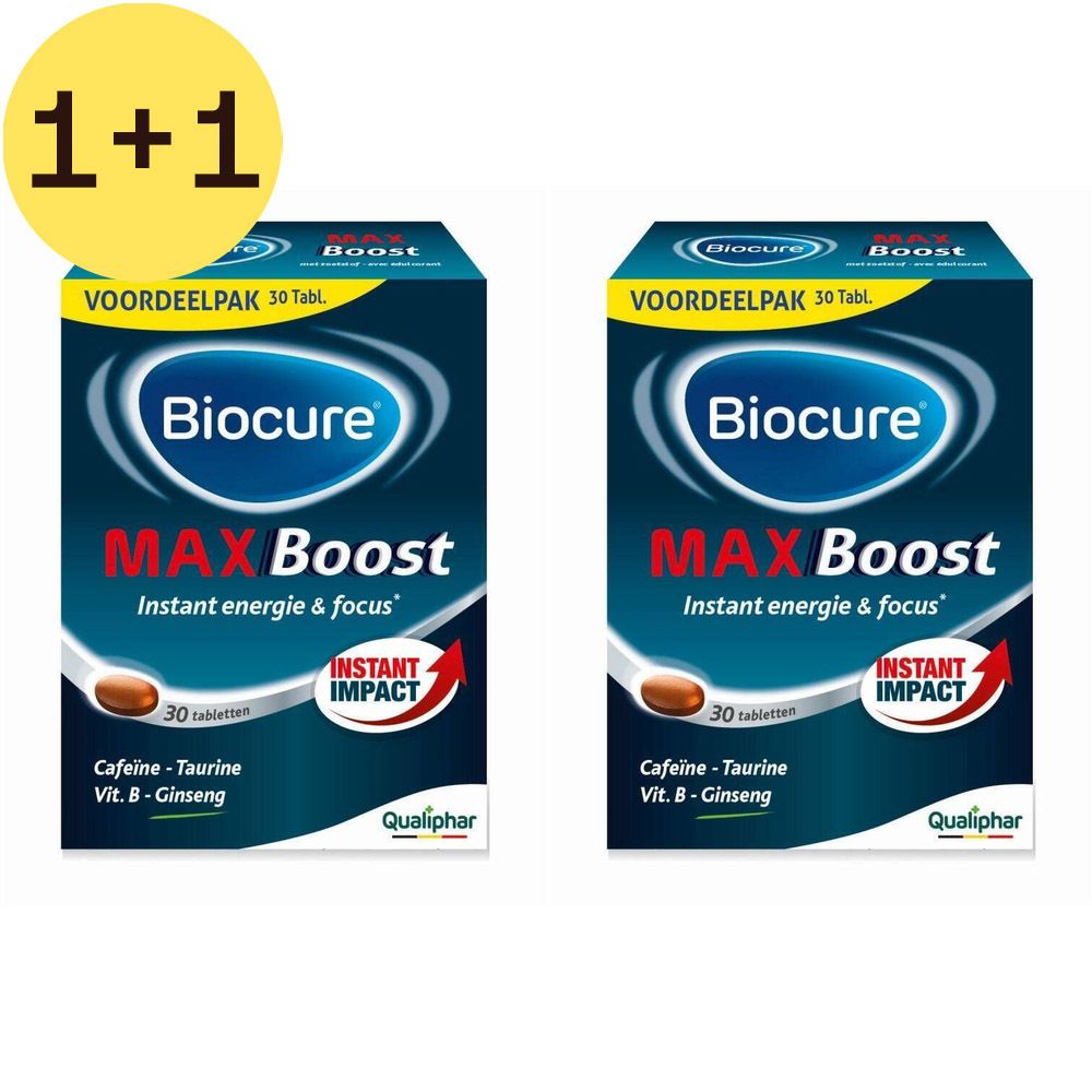 Twee dozen Biocure MAX Boost. Blauwe verpakking met naam en ingrediënten. 30 tabletten, Instant Impact.