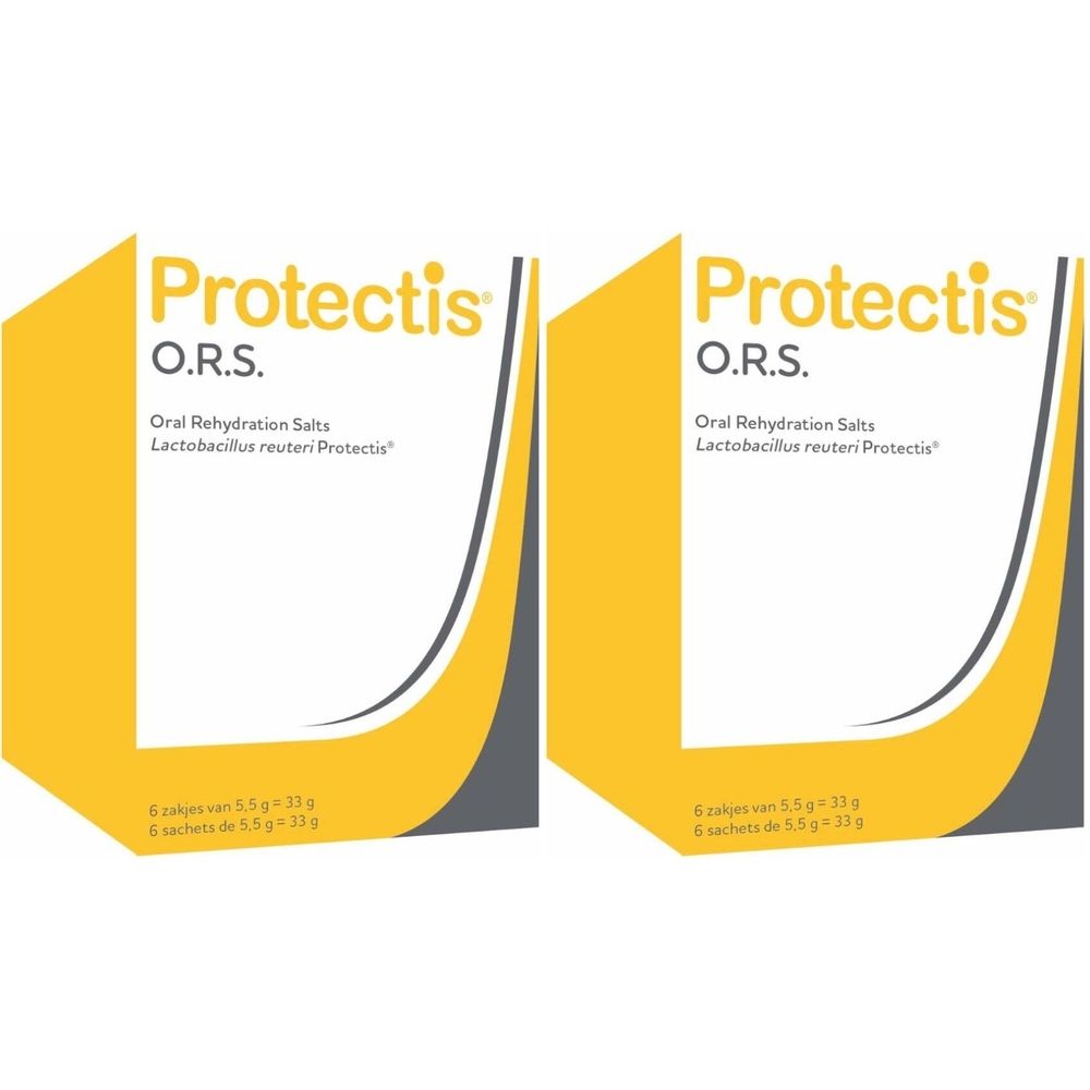 Twee verpakkingen Protectis O.R.S. met geel en grijs ontwerp. Tekst: Oral Rehydration Salts, Lactobacillus reuteri Protectis.