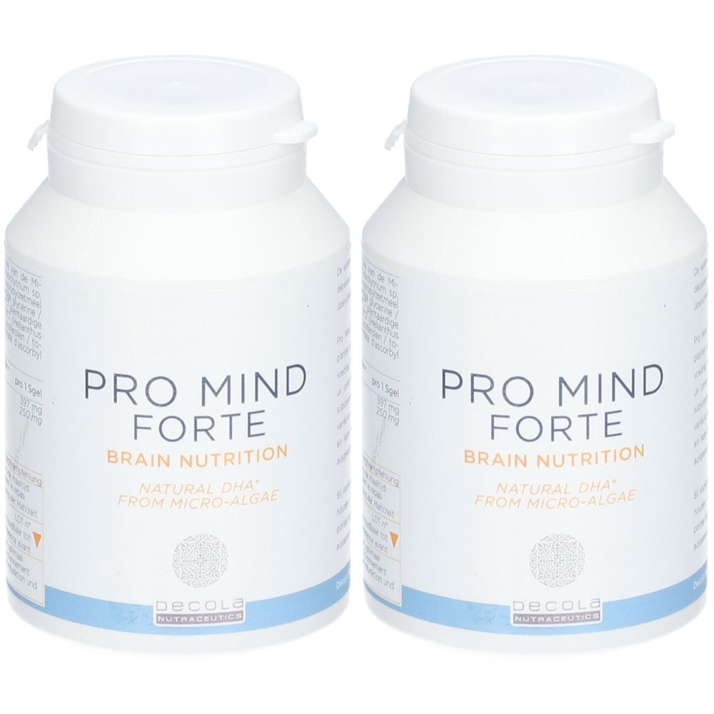 Twee witte flessen met doppen. Opschrift: PRO MIND FORTE, BRAIN NUTRITION, NATURAL DHA from MICRO-ALGAE. Merk: Decola Nutraceutica.