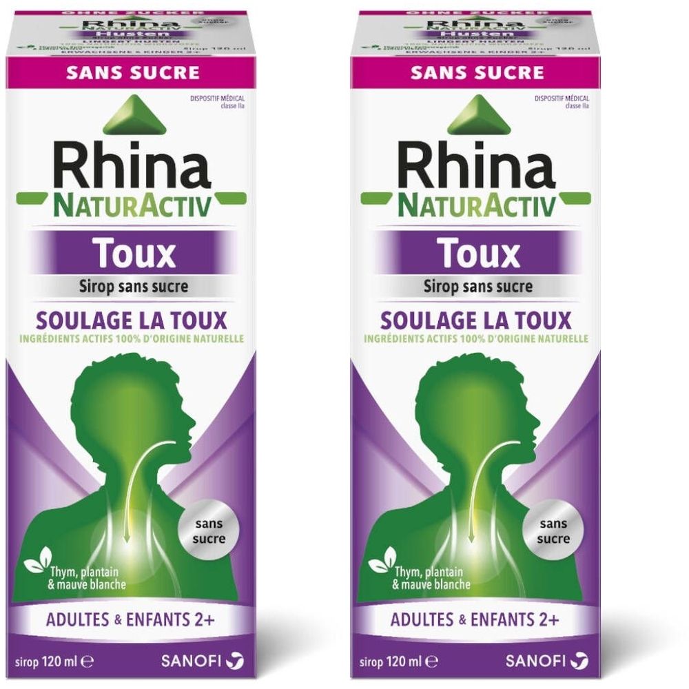 Twee verpakkingen hoestsiroop Rhina NaturActiv Toux. Opschrift: Zonder suiker. Bevat tijm, weegbree en witte malve. Voor volwassenen en kinderen vanaf 2 jaar.