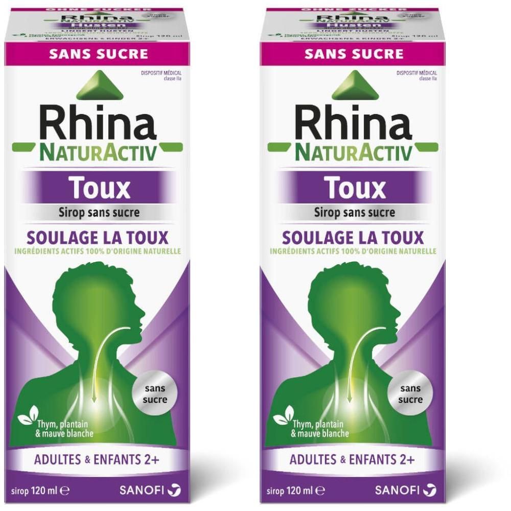Deux boîtes de sirop contre la toux. Carton blanc et violet avec nom du produit et illustration verte d'une tête et d'un cou. Texte : "Sans Sucre".