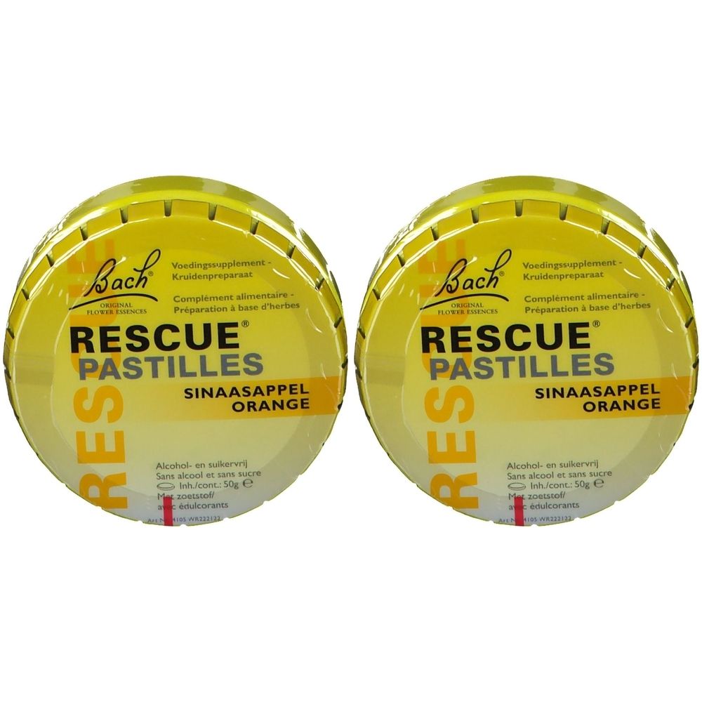 Twee ronde, gele blikken met 'Bach Rescue Pastilles Orange' erop.