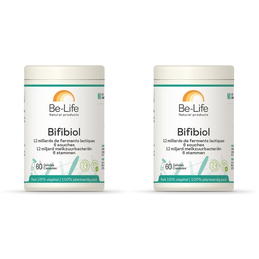 Twee witte Be-Life Bifibiol-potten. Opschrift: 12 miljard melkzuurbacteriën, 6 stammen, 60 capsules. Groen-oranje logo.