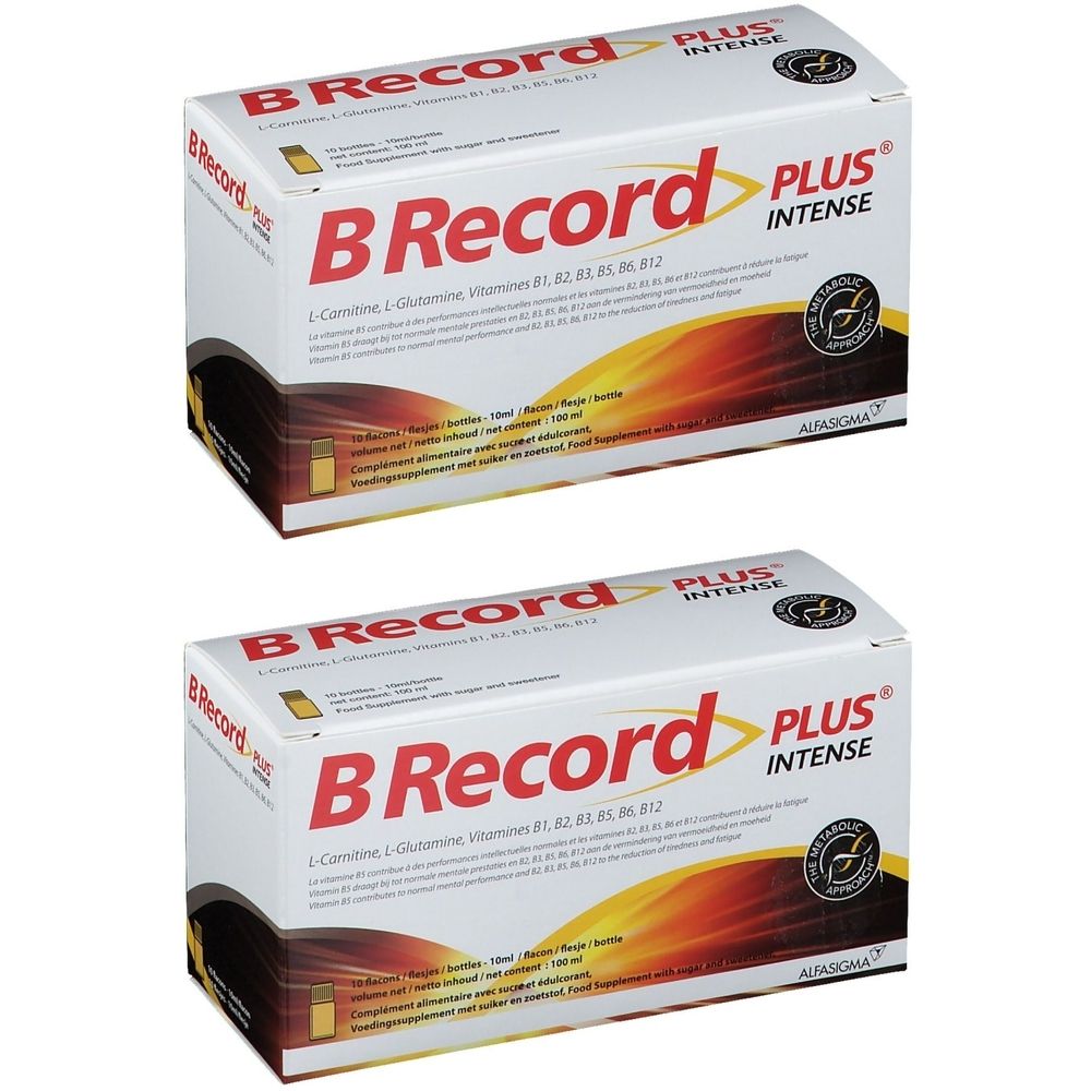 Deux boîtes de B Record Plus Intense. Emballage blanc avec texte rouge et jaune. Contient des vitamines et de la L-Carnitine.