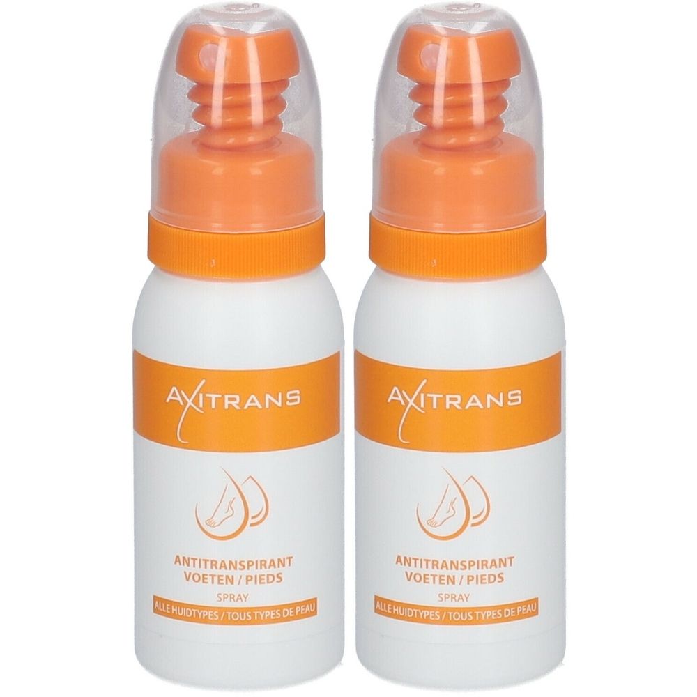 Deux flacons spray blancs avec éléments orange. Inscription: AXITRANS, Antitranspirant, pieds. Bouchon transparent.
