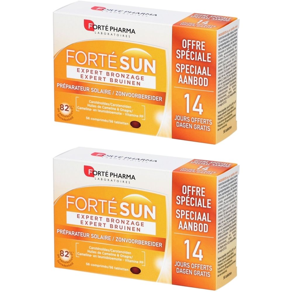 Twee dozen Forté Sun, Expert Bronzage. Witte verpakking met oranje accenten. Tekst: Offre Spéciale, 14 jours offerts. 60 tabletten.