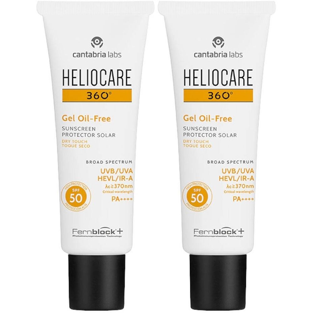 Deux tubes de crème solaire Heliocare 360° Gel Oil-Free. Blanc, avec des accents jaunes et noirs. SPF 50.