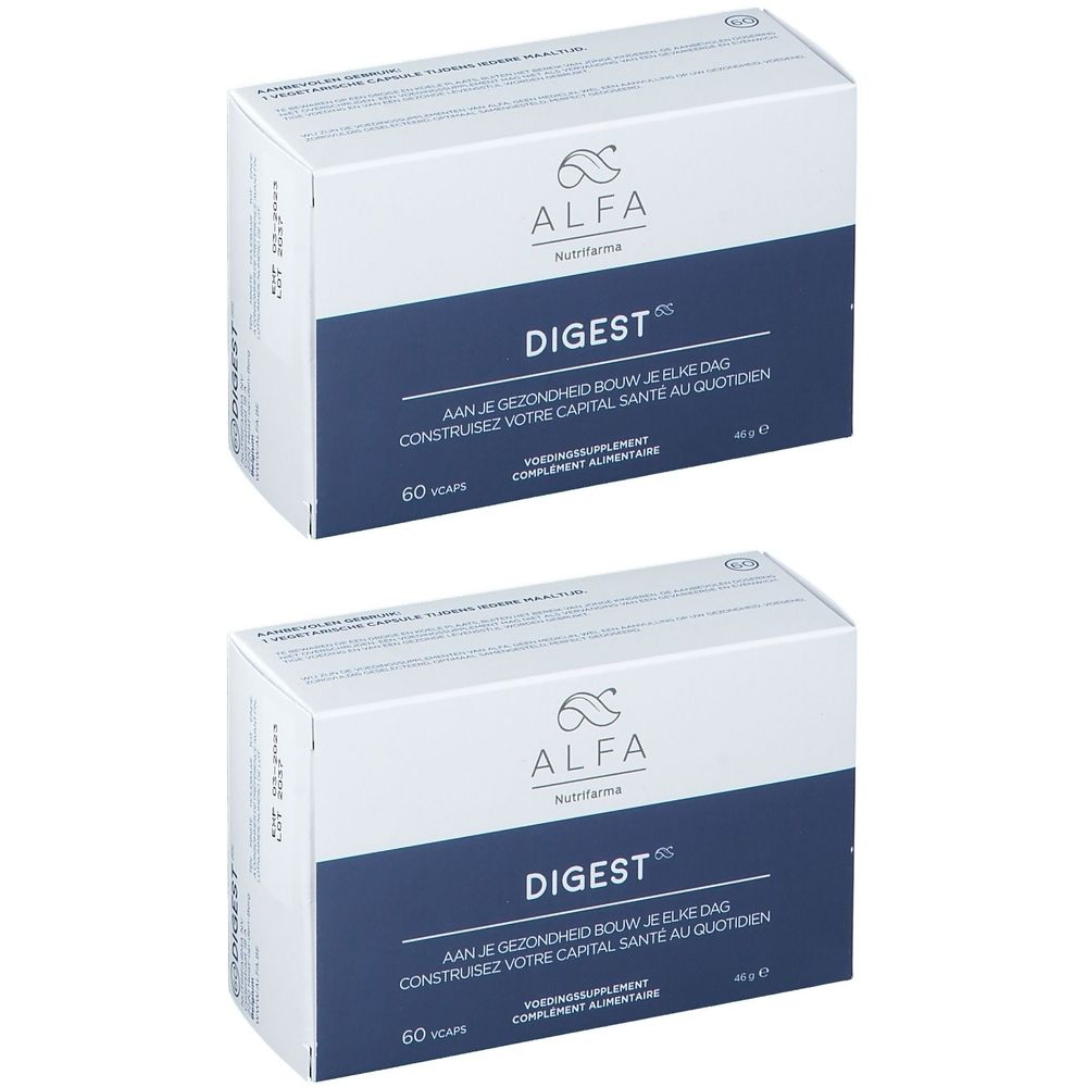 Twee witte dozen met blauwe band. Gedrukte merknaam ALFA, productnaam DIGEST en tekst in meerdere talen.