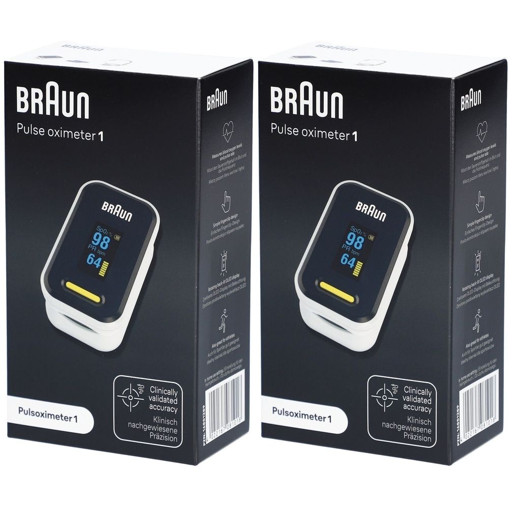 Deux boîtes de BRAUN Pulsoximeter 1. Emballage noir avec image du produit et texte. Précision cliniquement validée.