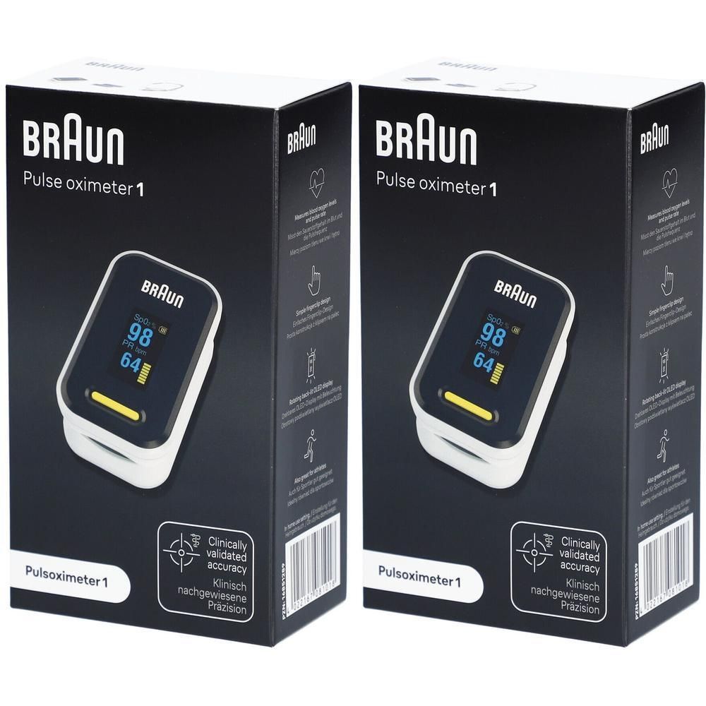 Deux boîtes de BRAUN Oxymètre de pouls 1. Emballage noir avec image et texte du produit. Affichage des valeurs.