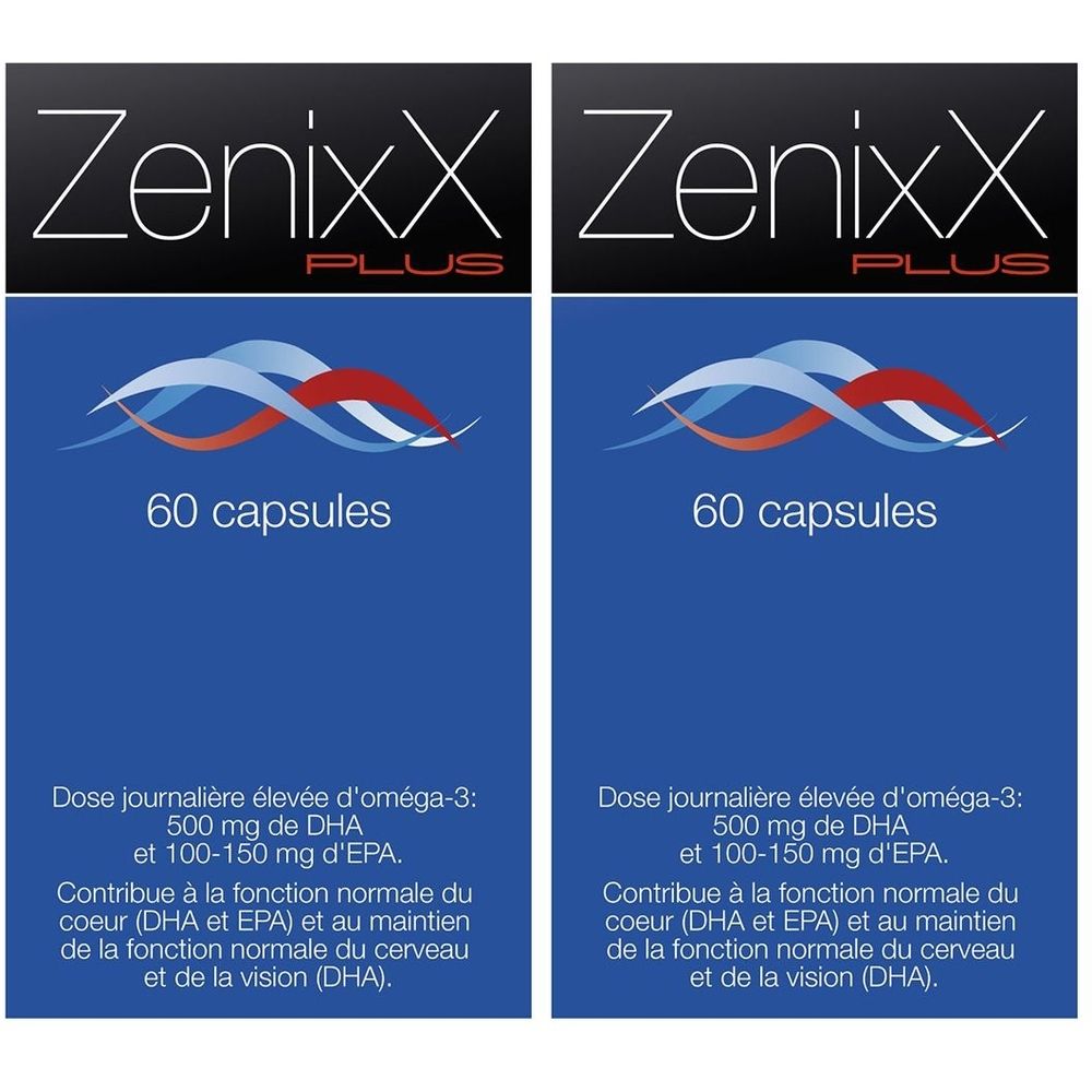 Emballage Zenixx Plus. Boîte de gélules bleue avec texte blanc. Contient 60 gélules. Nom du produit en haut.