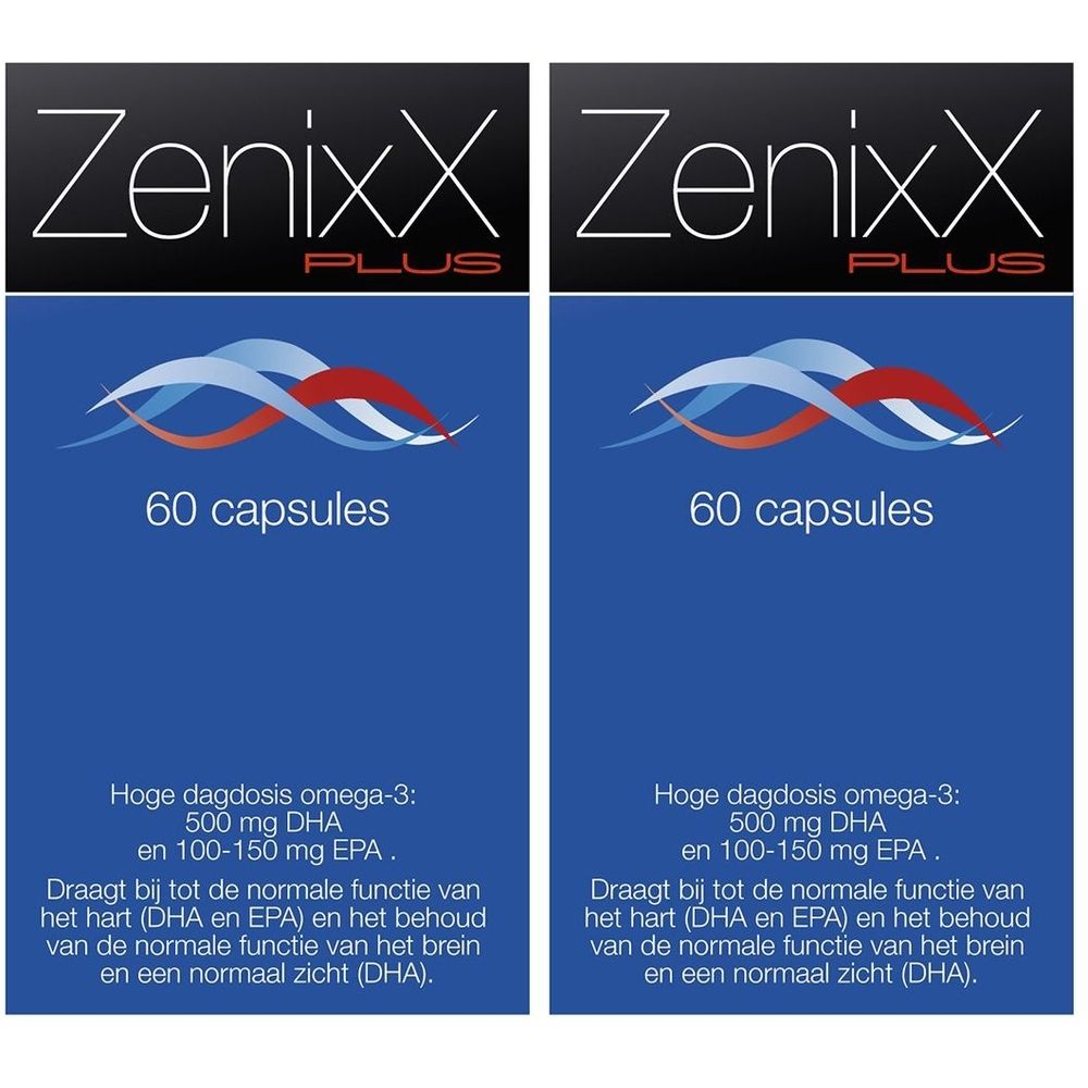 Zenixx Plus verpakking. Blauwe capsuleverpakking met witte tekst. Bevat 60 capsules. Productnaam bovenaan.