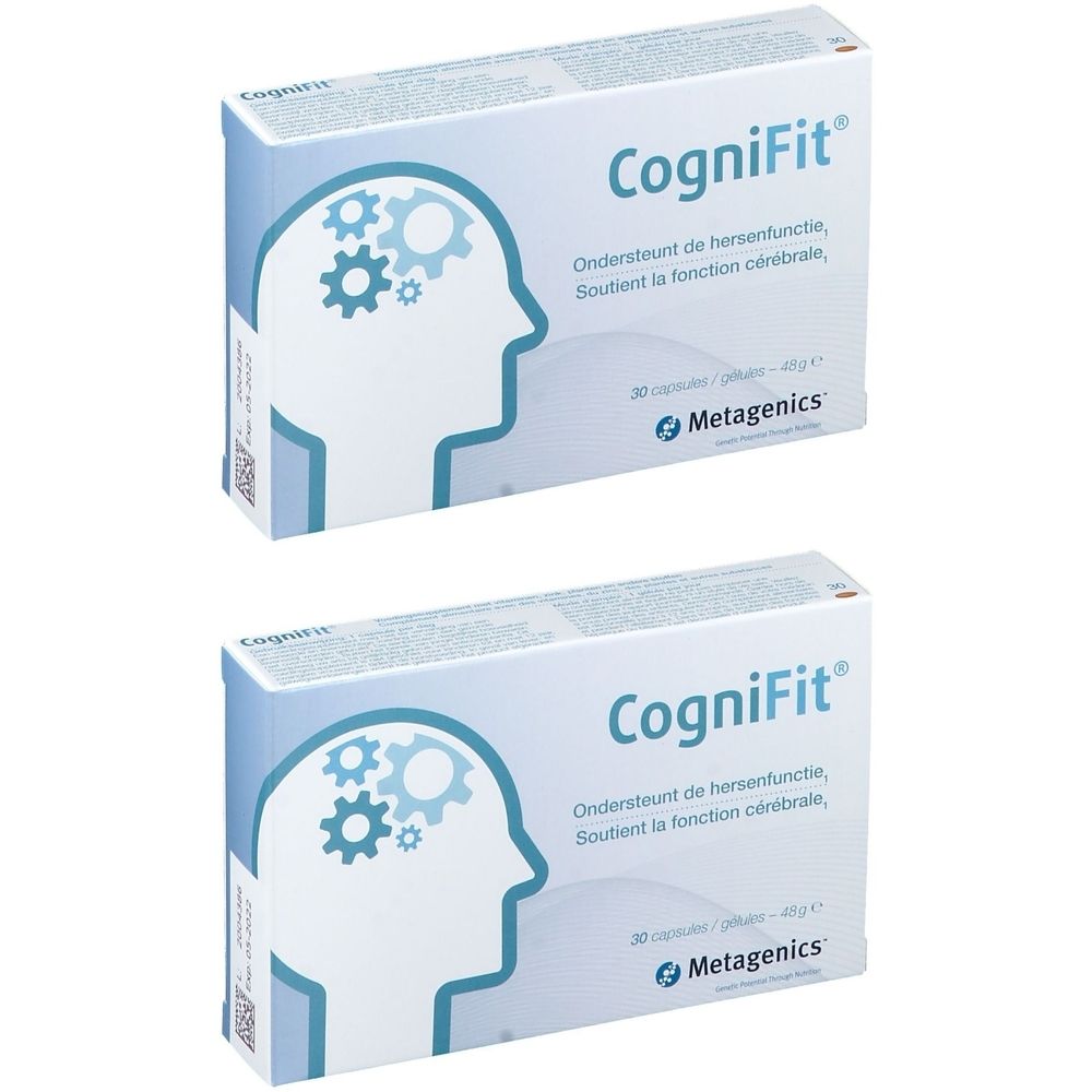Deux boîtes de CogniFit. Inscription : CogniFit, soutient la fonction cérébrale. Marque Metagenics. 30 gélules.
