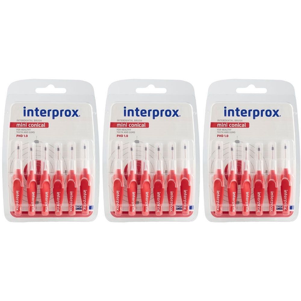 Drie blisters met rode Interprox Mini Conical borstels. Elke verpakking bevat meerdere borstels, PHD 1.0.