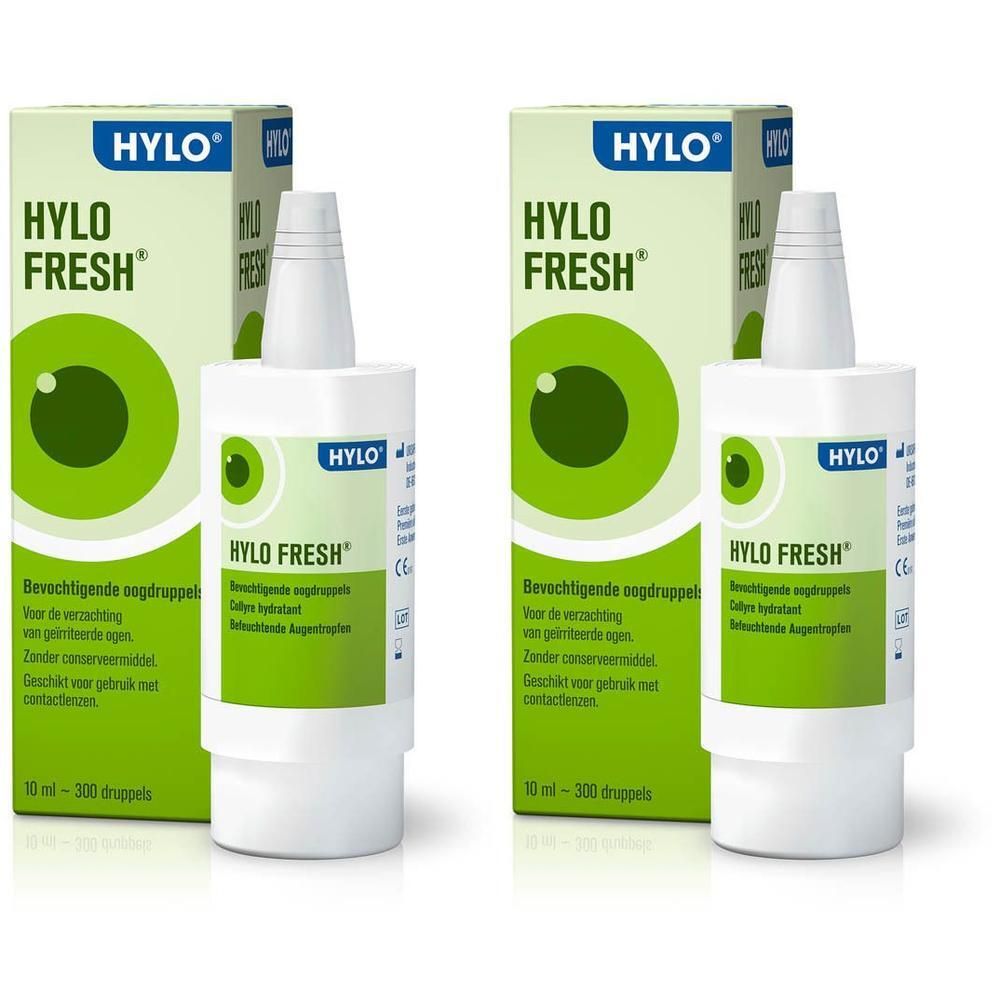 Twee flessen en verpakkingen van Hylo-Fresh® Gouttes Oculaires. Witte flessen met groene etiketten, groene verpakkingen met logo en productnaam.