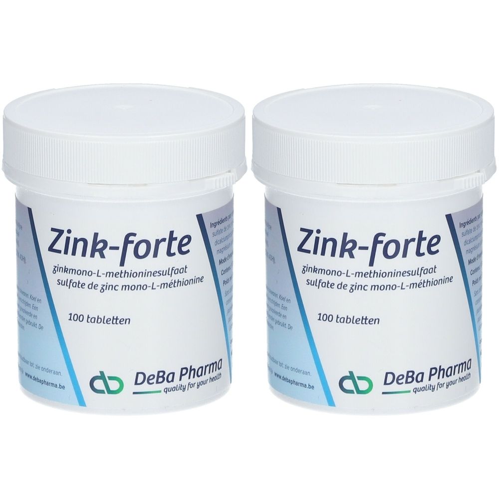Twee witte potten met deksels. Opschrift: Zink-forte, 100 tabletten. Merk: DeBa Pharma.