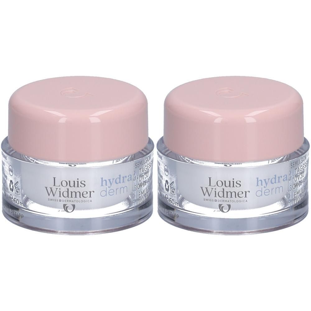 Twee potjes Louis Widmer hydraderm Tagesemulsion UV 30 met roze deksels. Opschrift: hydraderm, Louis Widmer.