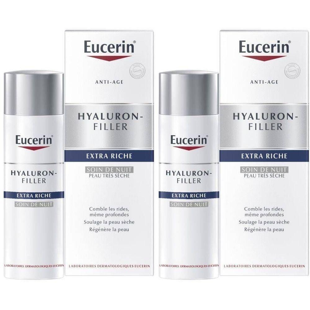 Plusieurs produits Eucerin Hyaluron-Filler Nachtpflege. Emballage blanc avec couvercle argenté. Nom du produit et détails imprimés.