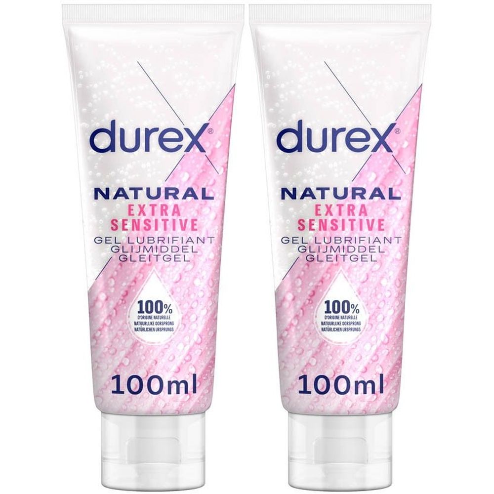 Twee tubes Durex Natural Extra Sensitive glijmiddel. Opschrift 100ml. Roze en witte verpakking.