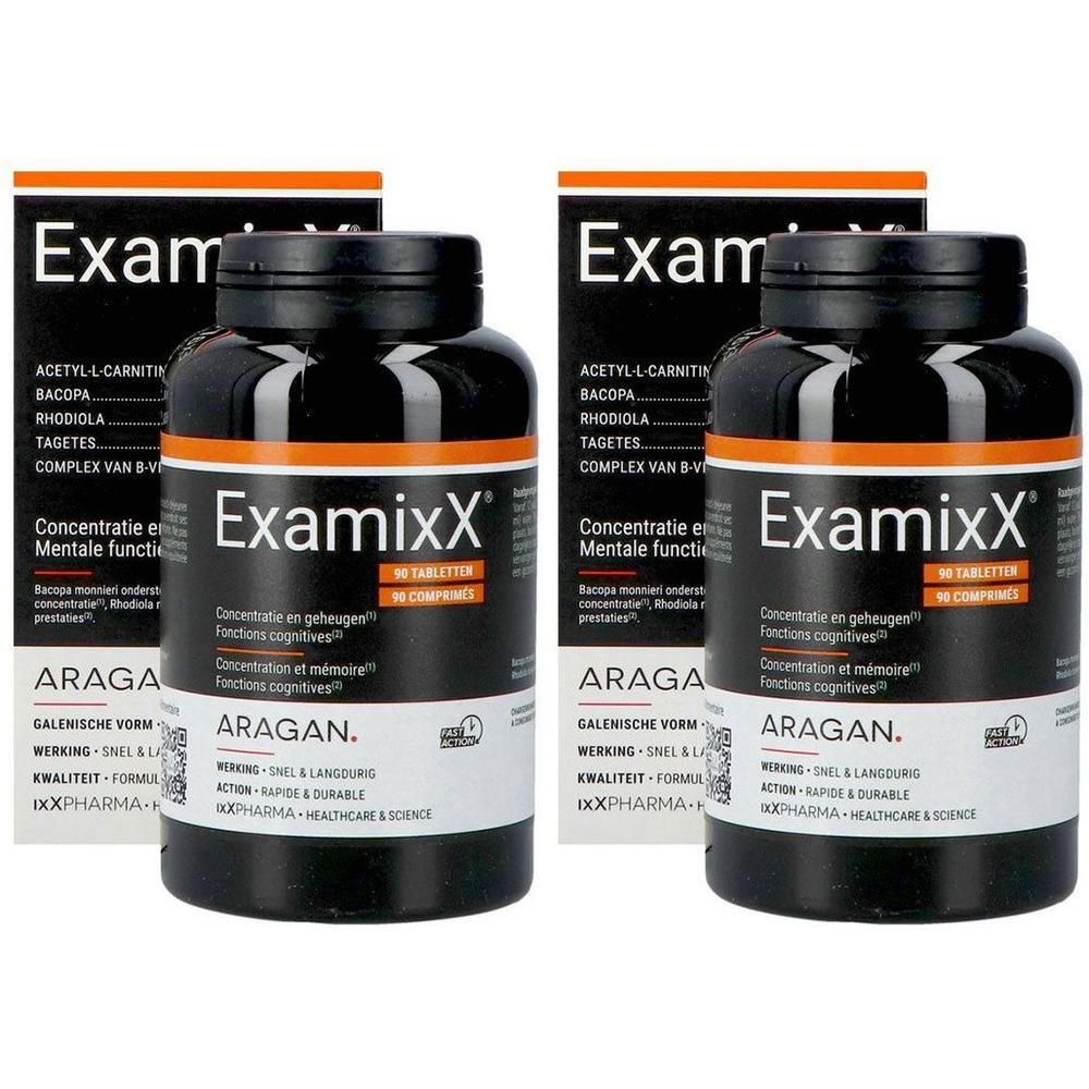 Twee flessen EXAMIXX® met 90 tabletten en verpakkingen. Zwarte flessen met witte tekst. Oranje accenten. Opschrift: ARAGAN.