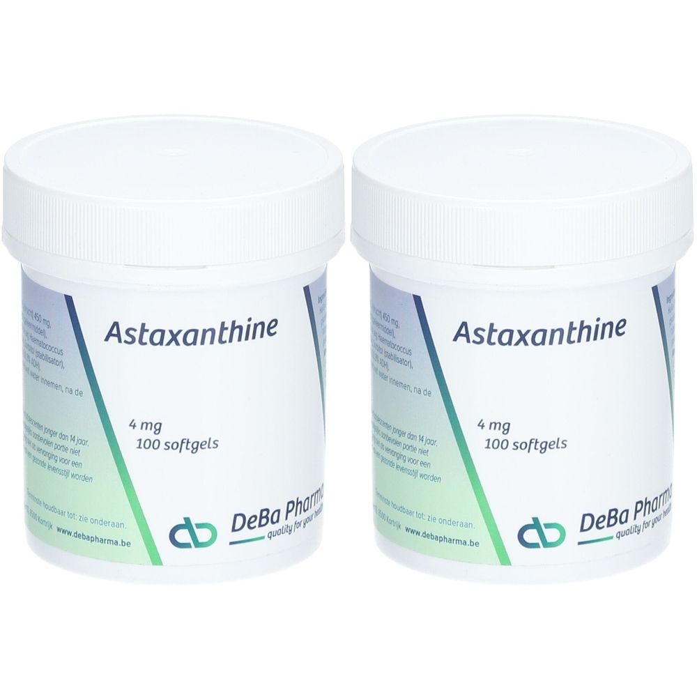 Twee witte potten met Astaxanthine 4 mg. Opschrift: DeBa Pharma. Bevat 100 softgels.