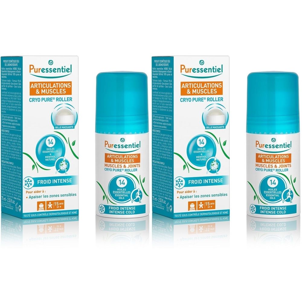 Drie roll-on flacons en twee dozen. Opschrift: Puressentiel, Articulations & Muscles, Cryo Pure Roller. Blauwe dop, witte tekst.