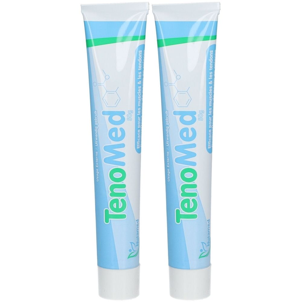 Twee tubes met blauw-wit ontwerp. Opschrift: TenoMed. Tekst: efficace pour les muscles & les tendons.