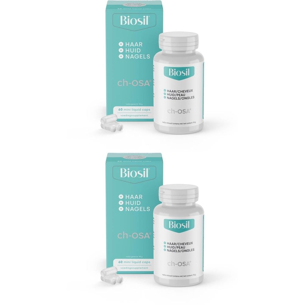 Twee flessen en dozen met het woord Biosil. Opschrift: haar, huid, nagels. Capsules en verpakking.