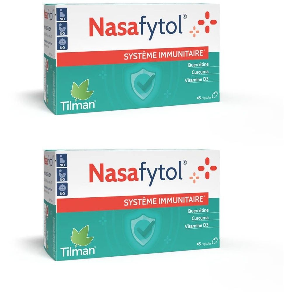 Deux boîtes de Nasafytol®. Boîtes blanches avec texte rouge et vert. Contient 45 capsules. Marque Tilman.