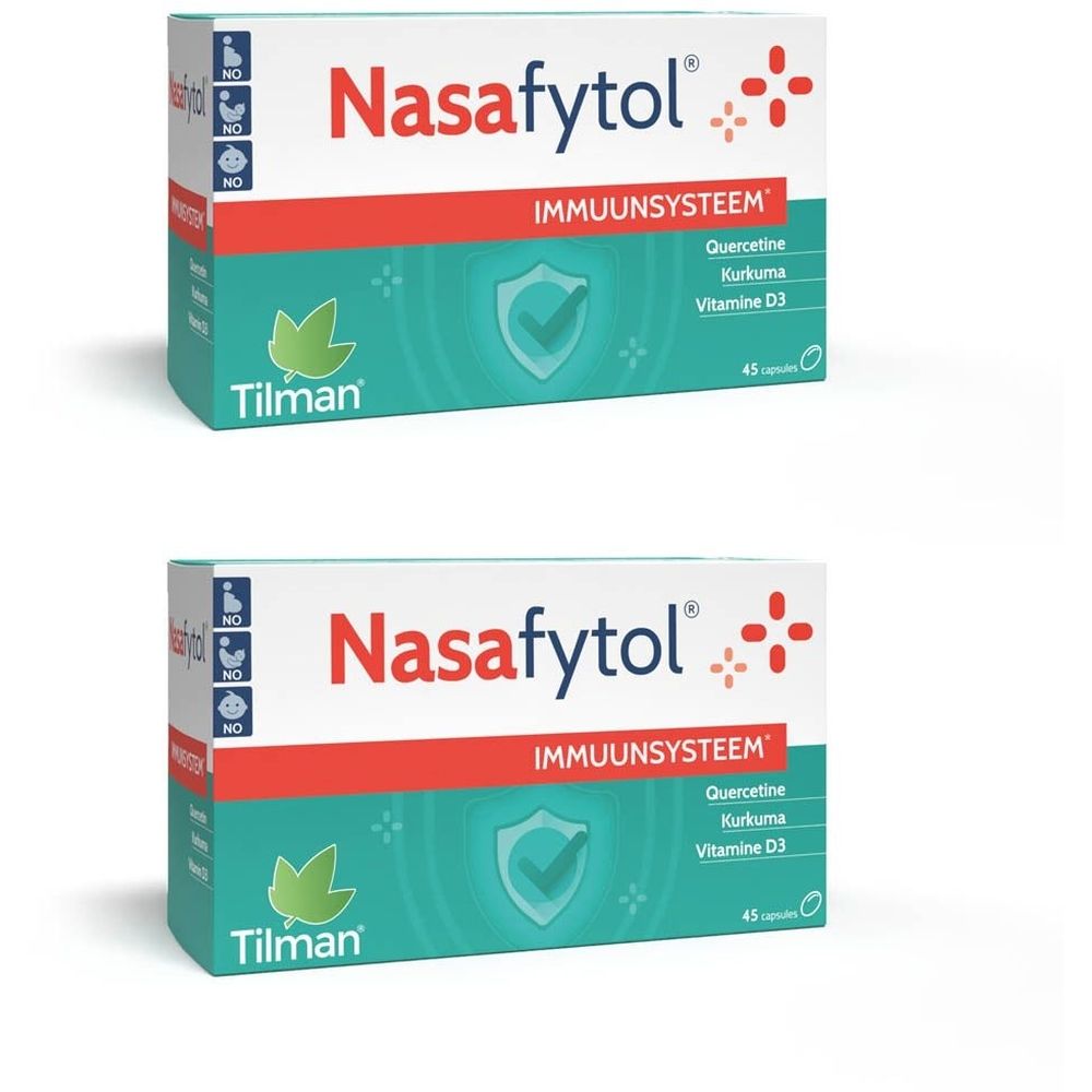 Twee dozen Nasafytol®. Witte dozen met rode en groene tekst. Bevat 45 capsules. Merk Tilman.