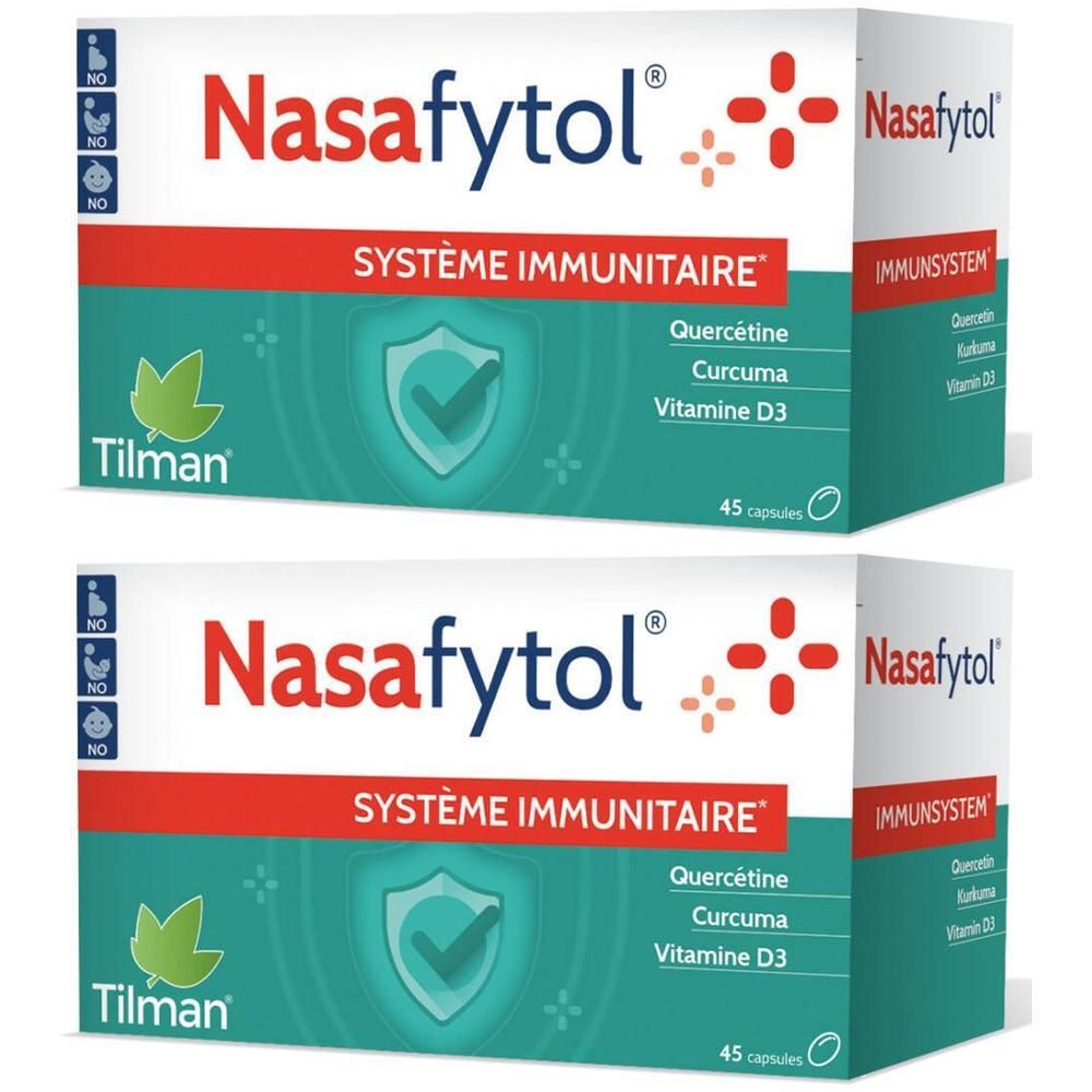 Twee dozen Nasafytol. Witte dozen met rode en groene tekst. Bevat quercetine, kurkuma en vitamine D3. 45 capsules.