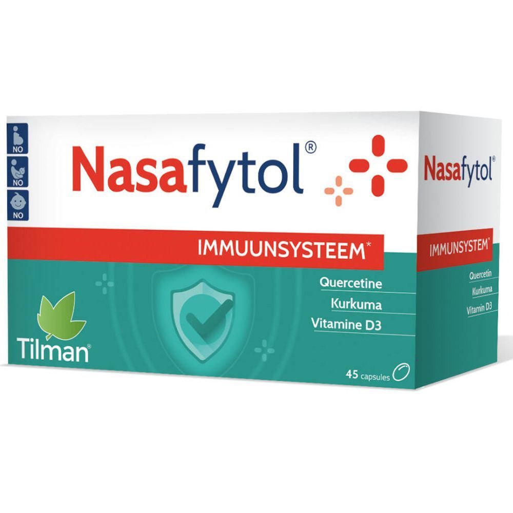 Doos Nasafytol. Witte doos met rode en groene tekst. Bevat quercetine, kurkuma en vitamine D3. 45 capsules.