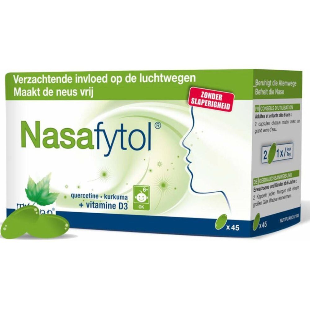 Doos Nasafytol. Groene en witte doos. Bevat quercetine, kurkuma en vitamine D3. 45 capsules. Profiel van een persoon.