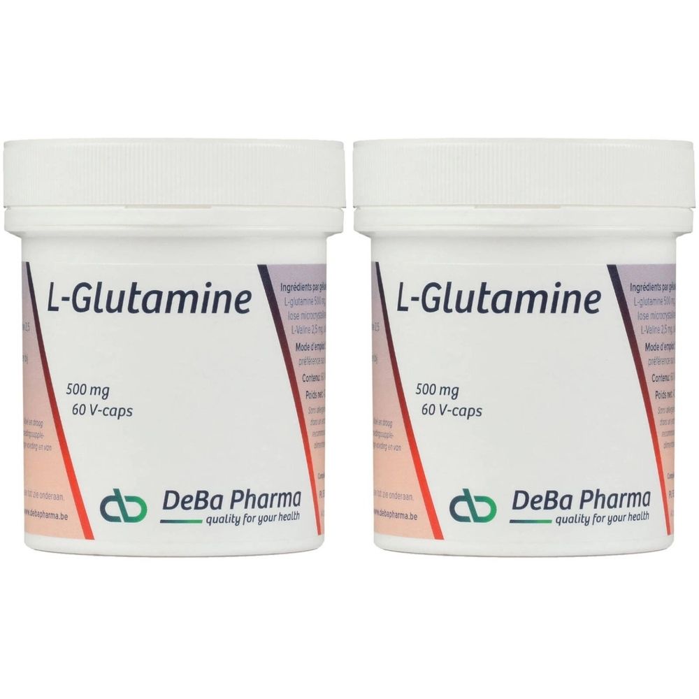 Twee witte potten met deksels. Opschrift: L-Glutamine, 500 mg, 60 V-caps. Merk: DeBa Pharma.