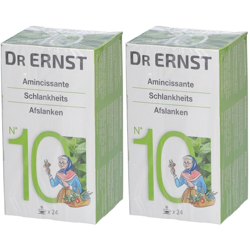Twee dozen met Dr. Ernst. Tekst: Amincissante, Schlankheits, Afslanken. Grote groene 10, vrouw met mand.