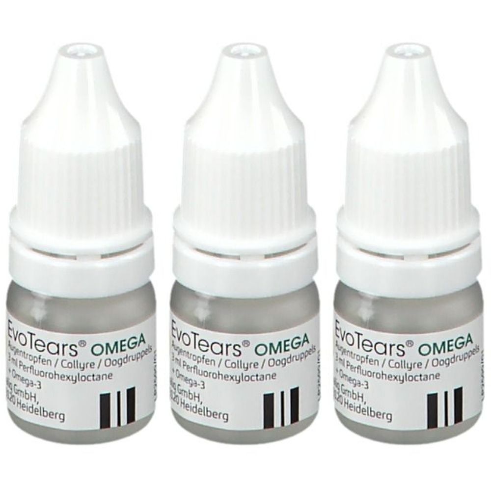 Drie kleine flesjes met witte doppen. Op de etiketten staat "EvoTears OMEGA".