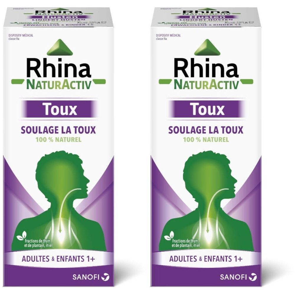 Deux boîtes de Rhina NaturActiv Toux. Inscription : Soulage la toux, 100% naturel. Illustration d'une gorge verte.