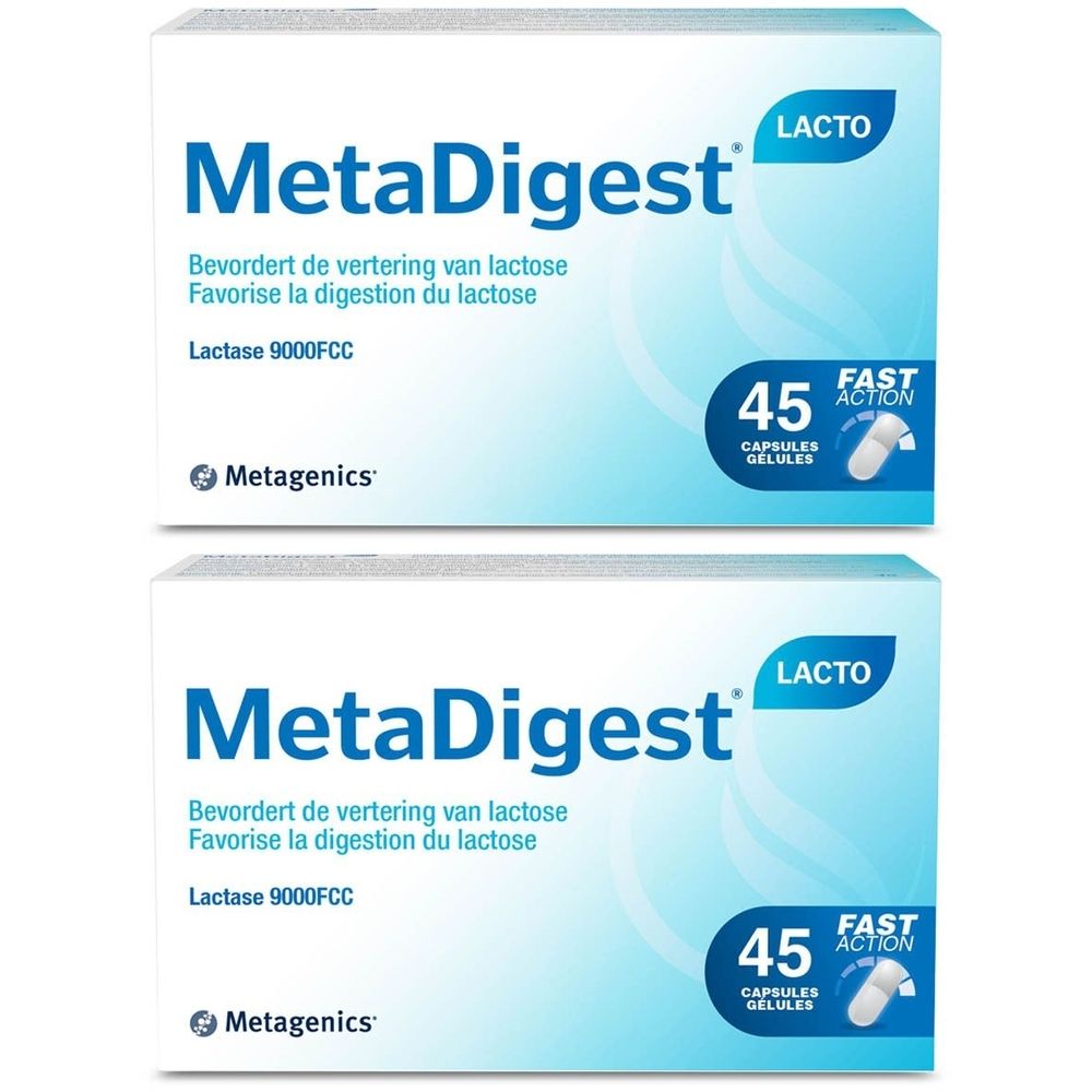 Twee dozen MetaDigest Lacto. Opschrift: Lactase 9000FCC, 45 capsules. Merk Metagenics. Tekst in het Nederlands en Frans.