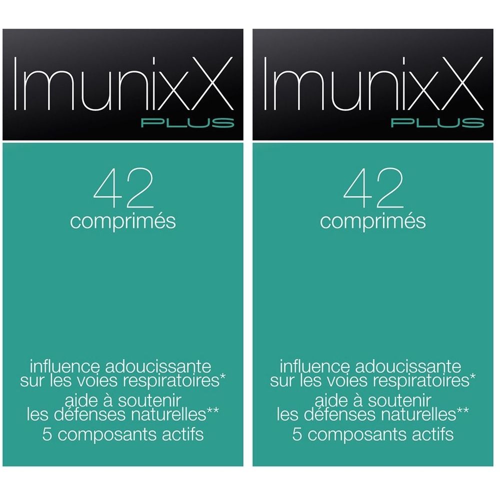 Deux boîtes Imunixx Plus, 42 comprimés. Fond noir, texte blanc. En dessous, vert, texte: influence sur les voies respiratoires.